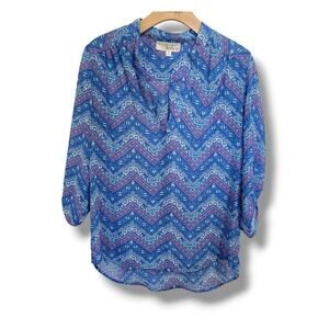 Derek Heart Women’s Blue Chevron Semi-Sheer V-Neck Long Sleeve Blouse | Size M